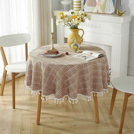 Nappe ronde en coton et lin Nappe à franges anti-taches Protège-table lavable 140x140cm (1/5)