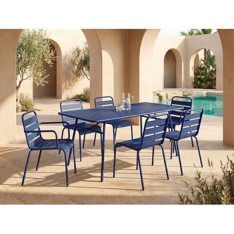 Sala da pranzo da giardino 1 tavolo + 2 poltrone e 4 sedie impilabili L.160 cm in Metallo Blu notte - MIRMANDE (1/5)