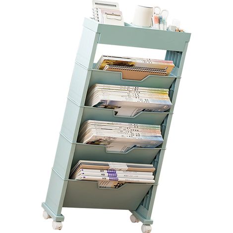 Mehrstufiges Bücherregal mit Universalrollen für Klassenzimmer, ideal zur Aufbewahrung von Büchern im Wohnzimmer. (1/5)