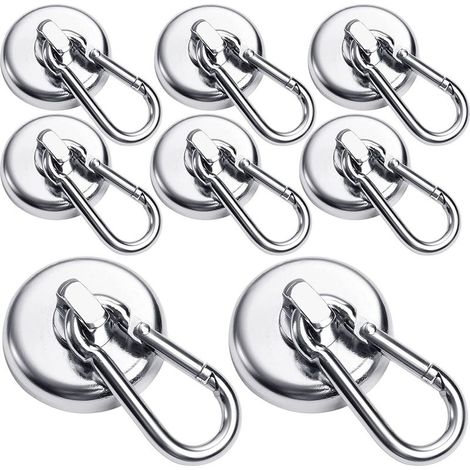 Lot de 8 crochets magnétiques en néodyme ultra-résistants avec mousqueton pivotant – Idéal pour réfrigérateurs, cuisines, casiers et barbecues – Diamètre de 20 mm (1/5)