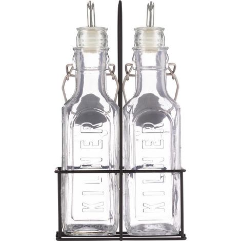 Lot de 3 bouteilles d'huile et de vinaigre - 2 bouteilles en verre de 0,3 l avec 2 becs verseurs en acier inoxydable - Armature en métal avec poignée de transport - Distributeur d'huile d'olive (1/4)
