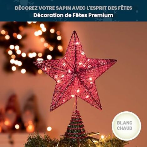 Étoile rouge pailletée à piles, illuminée par 20 LED blanc chaud, idéale pour décorer votre sapin de Noël, vos fêtes et votre intérieur. (1/4)