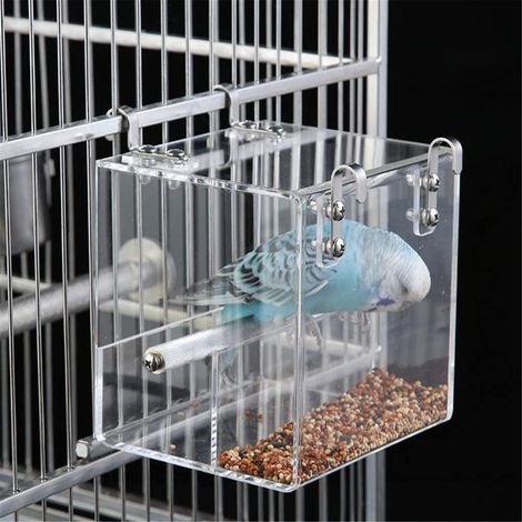 1 Mangeoire Oiseaux, Acrylique Transparent, Perchoir Inox, Anti-déversement, Pour Cage Petit Oiseau