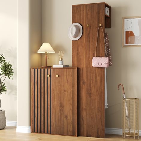 Vestiaire d'entrée compact 115x38,5x191,5 cm avec meuble à chaussures, penderie et étagères MDF noyer (1/5)