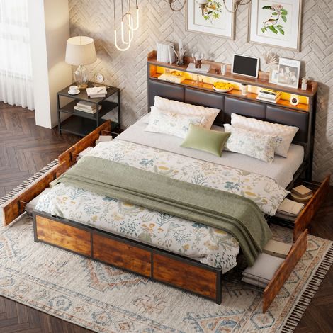 Lit 160x200 avec Sommier, 2 Personnes, Cadre de Lit Métal Style Industriel avec 4 Tiroirs, Tête de Lit Rembourrée avec Étagère et Éclairage LED, Sommier à Lattes Inclus (Noir, 160x200 cm) (1/5)