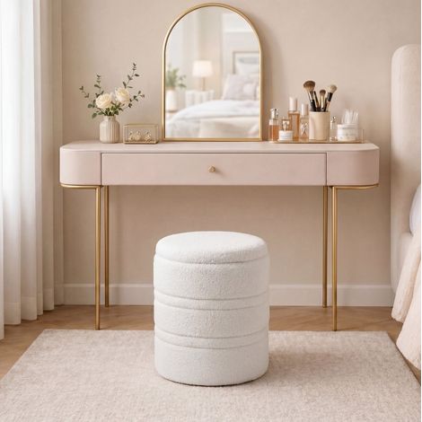 Pouf contenitore rotondo 40x40x49 cm bianco in poliestere, coperchio reversibile, 33 L MEUBLIV (1/5)
