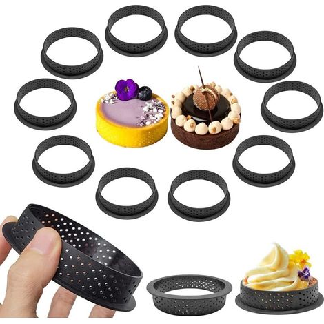 Set di 10 stampini rotondi forati per torte, 8 cm, anelli in plastica antiaderente per dessert e mousse - Crezuo (1/4)