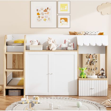 Cama alta infantil 90x200 cm blanca y natural de madera con estructura casita y almacenaje (1/5)