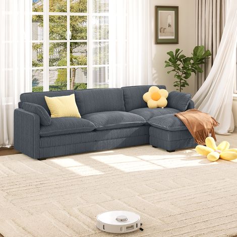 Ecksofa 4-Sitzer Bealife Modulsofa aus Cord Verfügt über Holz-Metall-Rahmen Doppellagiges Sitzkissen Verstellbare Fußstütze und 2 Armlehnenkissen für Wohnzimmer und Arbeitszimmer 243.5 x 141.5 x 91 cm