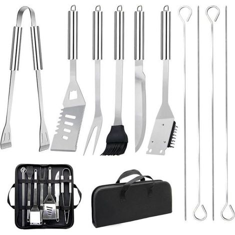 JUAUO 11 Pcs Professionnel d& 39Accessoires Barbecue en Acier Inoxydable - Ustensiles Barbecue avec Sac Argenté - 11 pièces (1/5)