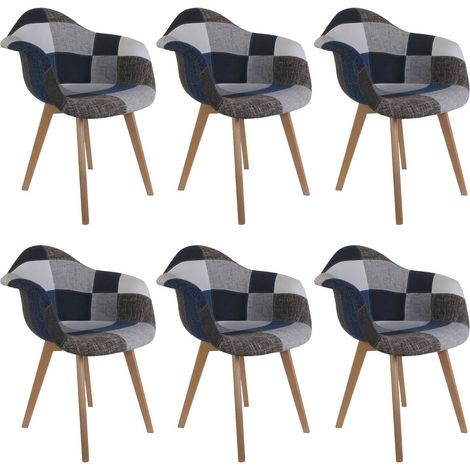 DAMAS - Lot de 6 Fauteuils Patchwork Bleu et Gris (1/5)