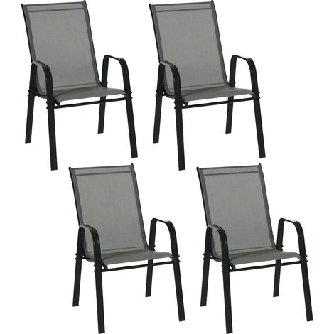 Ensemble de 4 chaises de jardin empilables et peu encombrantes avec accoudoirs en métal et tissu en maille, grises (1/5)