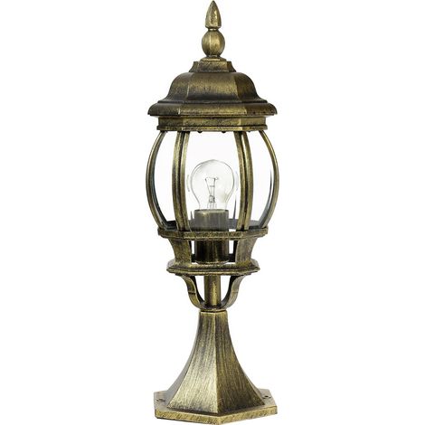 Kleine Sockel Steh Lampe für außen in Gold-Antik H:50,5cm