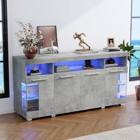 Buffet da cucina - 140 x 40 x 70 cm - 4 porte - Illuminazione LED 16 colori - Finitura grigio cemento lucido