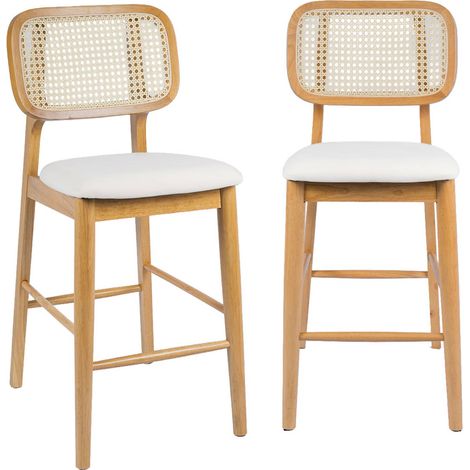 sweeek - 2er-Set Barhocker aus Heveaholz mit Rattan-Geflecht und Stoffbezug Natur / Beige