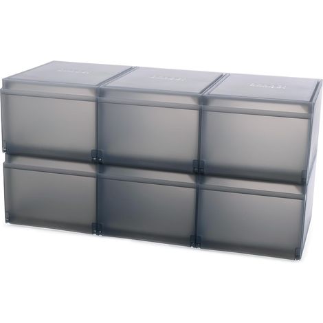 Caja de almacenamiento de zapatos ShoeCase 55014, set de 6 unidades apilables, organizador de calzado con ventana transparente, material resistente, color gris