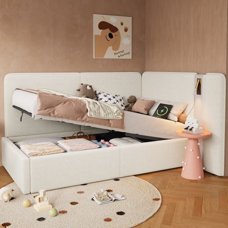 Beige 3ft Sofa Bed with Storage,Hydraulic Mechanism,USB Charging Port and Reading Light,90x190cm