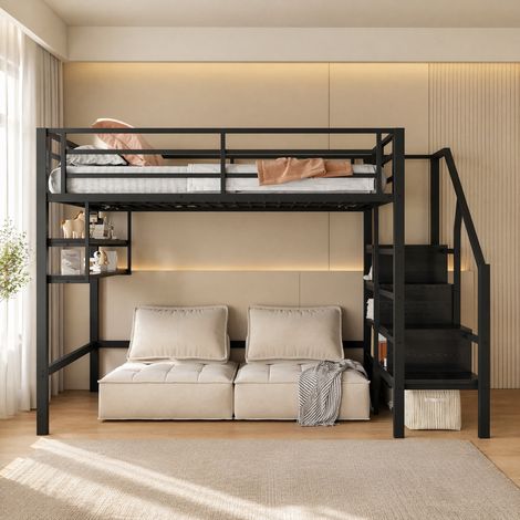 Lit 140x200 surélevé avec étagères et échelle noir OKMYHOME (1/5)