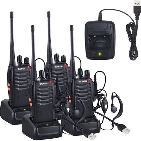 4 x Talkie Walkie Deux Voies Radio UHF 400-470MHz Walkie Talkie Avec Ecouteurs Originaux Transmetteur Portatif FM 16 Chaînes - Noir