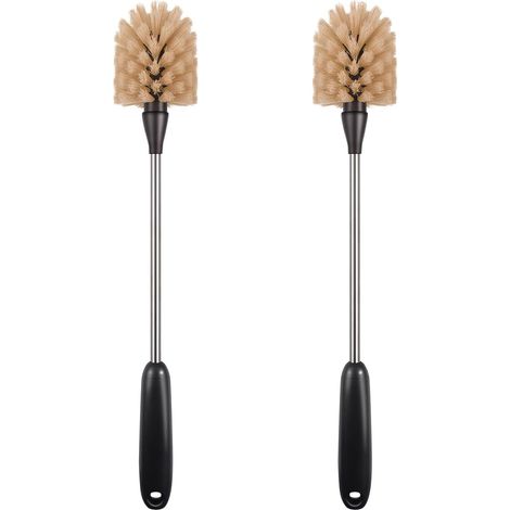 Set di 2 spazzole abrasive, spazzole per la pulizia di bottiglie d'acqua, con lunghi manici in acciaio inox, per bottiglie, barattoli, tazze (marrone)