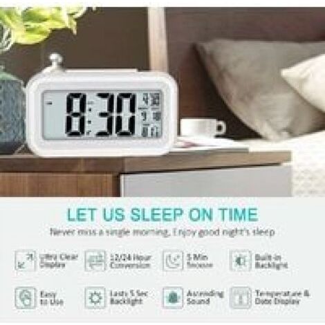 Sveglia digitale bianca, silenziosa, a batteria per bambini e adulti, display LED grande, calendario e temperatura (1/3)