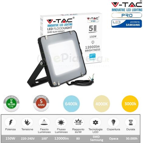 V-TAC PRO VT 150 Faro led 150W ultrasottile slim da esterno proiettore faretto impermeabile IP65 nero luce fredda Naturale (1/5)