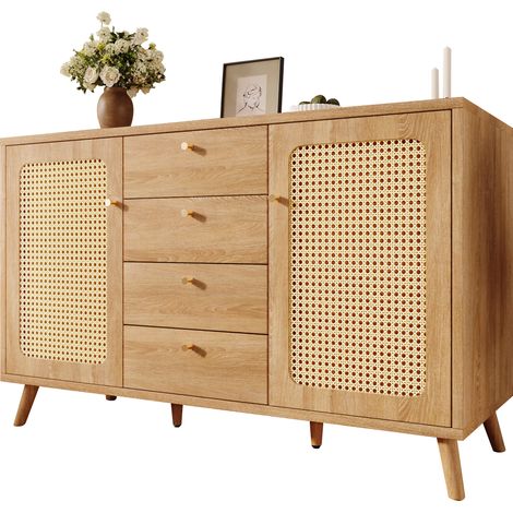 ELVMI Credenza con 4 Cassetti e 2 Ante, Ripiani Regolabili, per Soggiorno Ingresso in Legno 140 × 40 × 86 cm Rovere Chiaro (1/5)