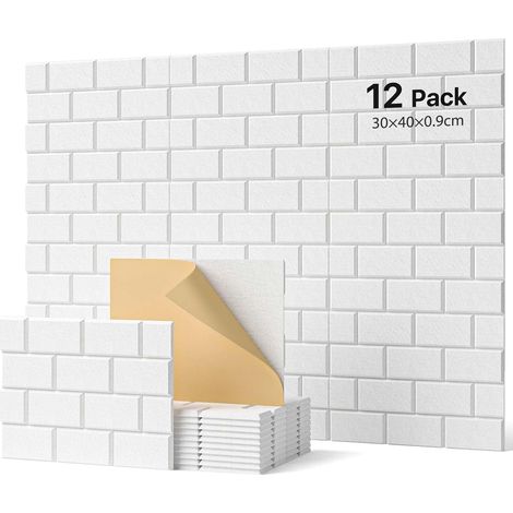 Panneaux Acoustiques Autocollant Blanc Lot de 12 Pièces Rectangulaires, Type de Brique, pour Traitement Acoustique et Décoration Murale, 30×40×0,9cm (1/5)