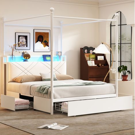 Cama matrimonial 140x190 con dosel, 3 cajones, LED y USB, blanca (1/5)