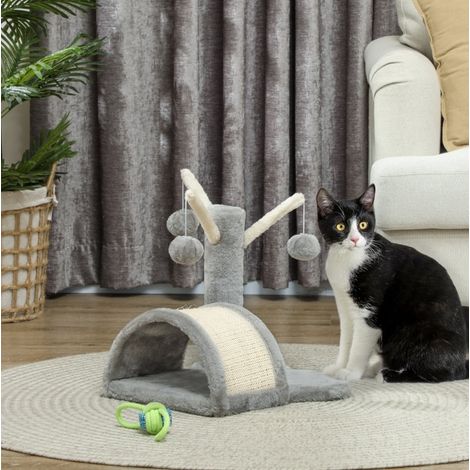CHICFURN Árbol para gatos 38 x 38 x 40 cm con nido, sisal, juguetes suspendidos, gris claro (1/5)
