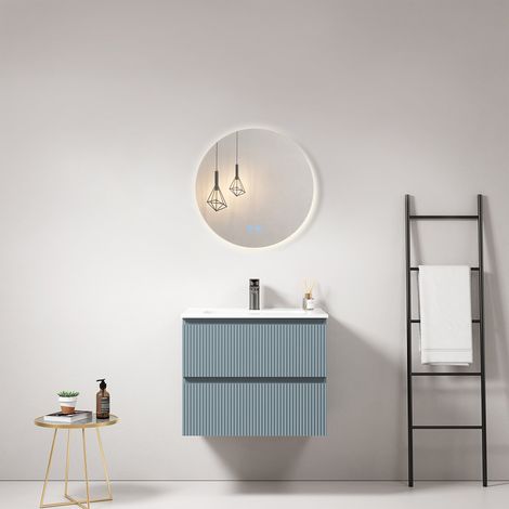 Mobile bagno sospeso cannettato 60 cm Blu Avio Lavabo in Ceramica Specchio Tondo Retroilluminato - Fiji Paint