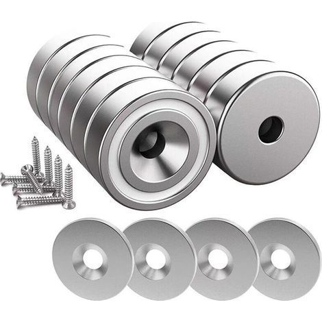 12 Stück Neodym-Magnete, 10 kg Kraft, 20 x 7 mm mit Loch und Kapsel, Senkkopf-Topfmagnet mit Schraube und 12 Stahlpads (Hellsilber) (1/5)