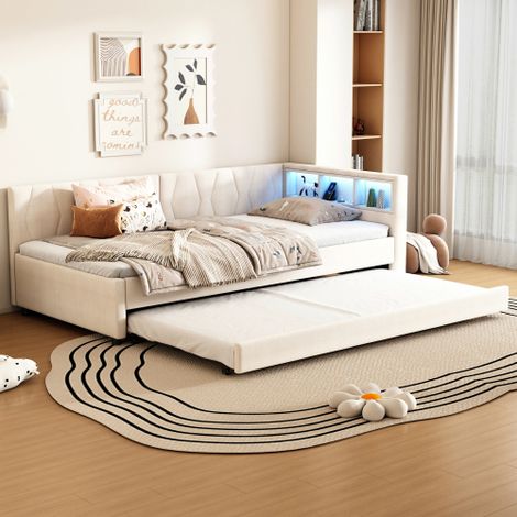 Divano letto 90x200 cm, letto singolo con letto estraibile, illuminazione a LED e porta USB, tessuto di lino beige, senza materasso (1/5)