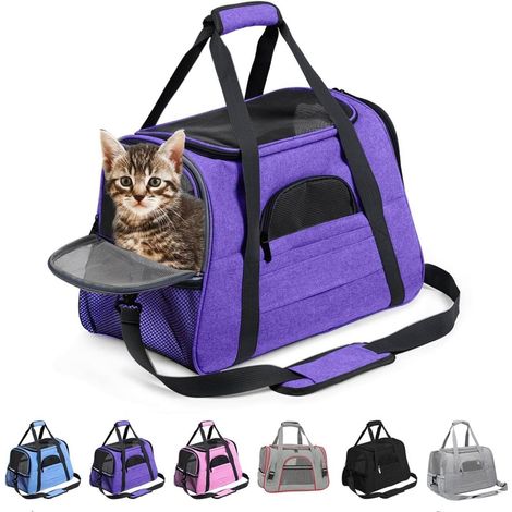 Sac Transport Chat, Caisse de Transport Chat, Sac de Transport pour Animaux de Compagnie Souple, Pliable et Portable Qui Peut être porté à la Main, sur l'épaule ou en bandoulière (Violet) (1/5)