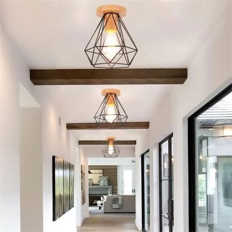 3pcs Plafonnier en Cage Couloir Noir E27 Lampe Plafonnier Industriel Vintage en Fer pour Salon Chambre (1/4)