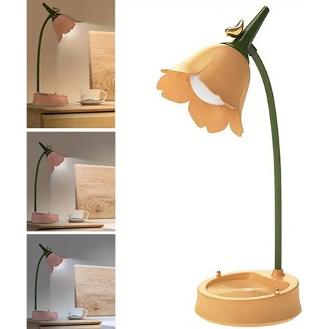 1 jaune lampe de table LED en forme de fleur, lampe de table sans fil, tactile à intensité variable, 3 niveaux de température de couleur 3000-6000 K (1/5)