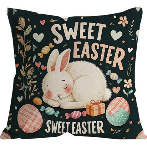 Housse De Coussin Lapin De Pâques - 45 X 45 Cm - Polyester - Motif Imprimé Unilatéral - Fermeture Éclair Cachée - 1 Pièce (1/3)
