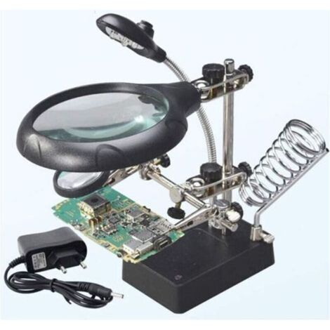 Station troisième main pour soudage avec loupe 5 LED, grossissement 2,5X/7,5X/10X, support articulé et pince ajustable (1/4)