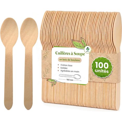 Cuillère en Bois - Lot de 100 - Bouleau Naturel - 16 cm - Résistante - Fête Mariage Pique-Nique (1/5)