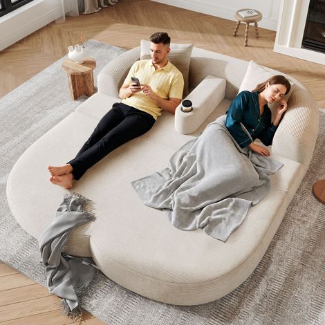 Canapé de sol 2 places moderne en velours côtelé, canapé lounge pliable avec fonction lounge, sous vide, sans montage, accoudoir amovible avec porte-gobelet, pour salon et appartements (1/4)