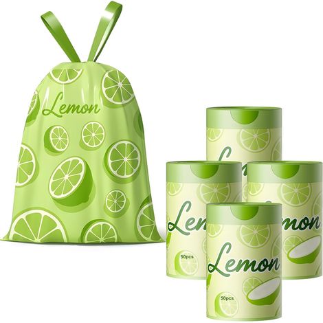Lot de 200 petits sacs poubelle parfumés au citron de 10 à 15 l avec cordons de serrage pour la maison, le bureau, la cuisine et la salle de bain qui laissent une odeur fraîche à votre poubelle à