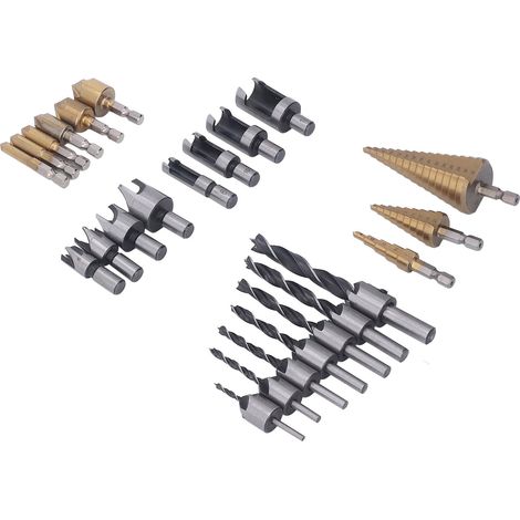 Ensemble de 26 outils de perçage et de chanfreinage pour le travail du bois : foret à fraiser, clé en L, coupe-bouchons pour bois, foret étagé, poinçon automatique (1/5)