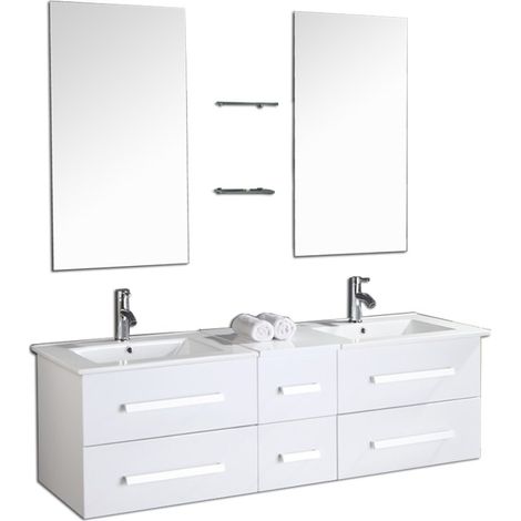 Meuble de salle de bain blanc 150 cm avec 2 lavabos en céramique – 6 tiroirs spacieux – Double miroir 90 x 50 cm inclus – Eliteshopping (1/5)