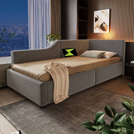 Lit banquette 90x190 cm en velours gris avec rangement hydraulique, lumière de lecture et port usb-c (1/5)