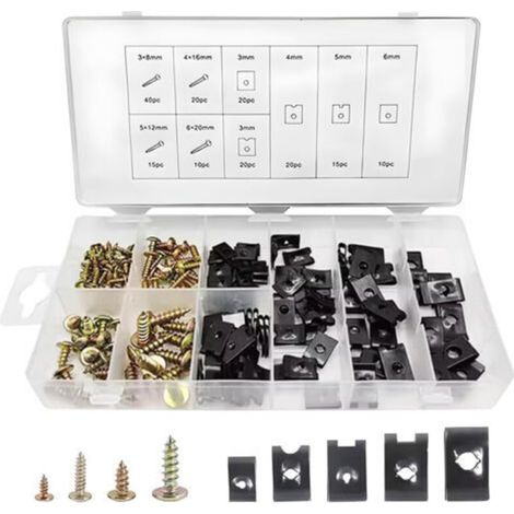 170 Stück Kotflügelschrauben, schwarze U-Clips mit Schrauben, Kfz-U-Clip-Muttern, Karosserieschrauben für Kotflügel, Kfz-U-Clip-Befestigungsmuttern und -Sets