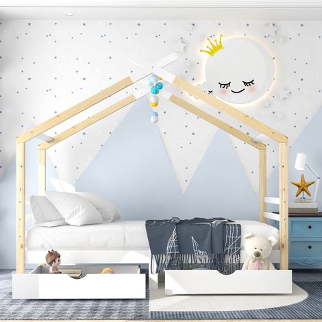 Letto per bambini, letto a forma di casa con cassetti, in legno massiccio con rete a doghe, letto a forma di casa in pino, cameretta per bambini e ragazzi, bianco + colore legno (90x200 cm) (1/5)