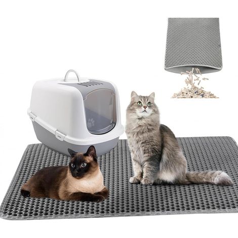 Tapis de litière pour chat - 90 x 60 cm - En EVA - XXL - Design nid d'abeille - Imperméable - Double couche - Gris (1/5)