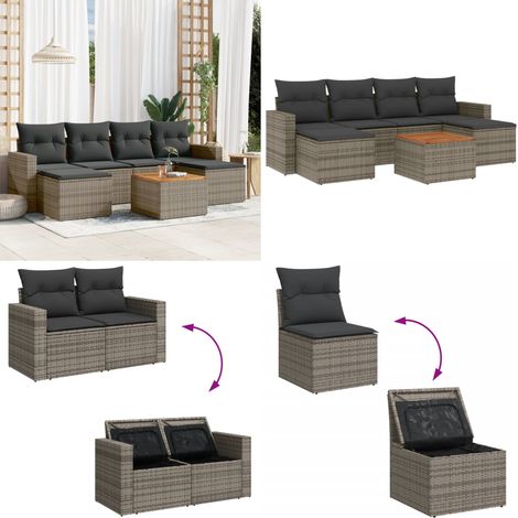 Set de sofás de jardín 7 piezas con cojines ratán PE gris - Ratán sintético - Muebles de exterior