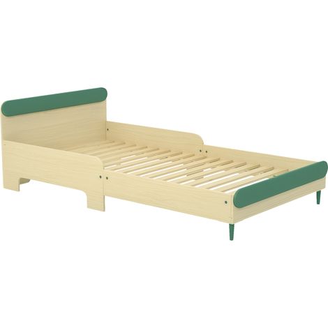 Cama infantil a ras de suelo para niños de 3 a 10 años con barandilla de seguridad, base de láminas incluida, color verde. (1/5)