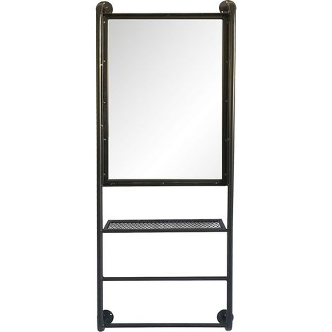 Grand miroir rectangulaire industriel en bois et métal noir avec étagère 48 x 124 cm - PANGIVO (1/2)